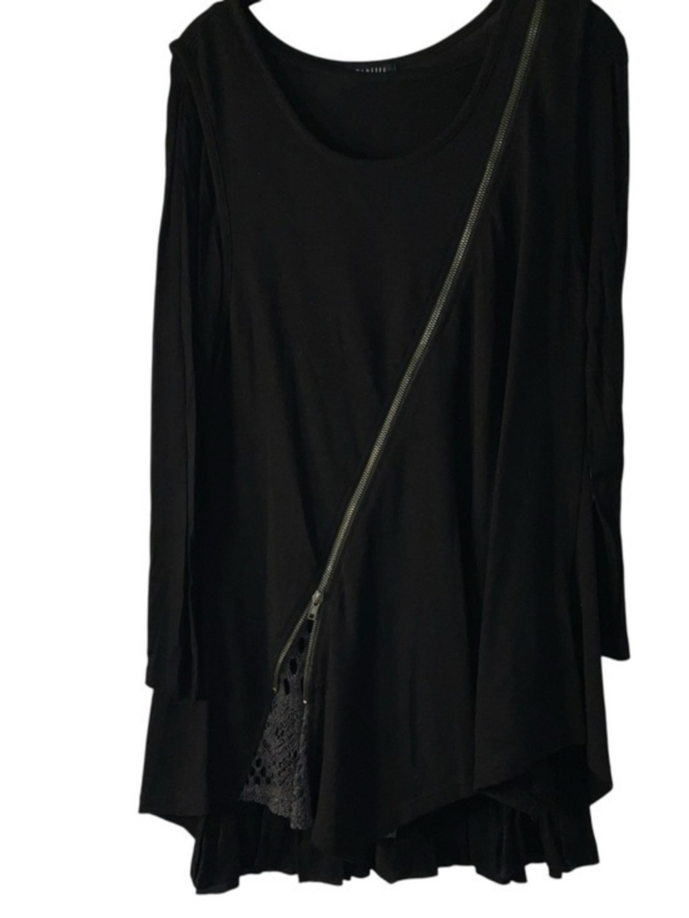 Black Long Sleeve Asymmetrical Top with Diagonal Zip Detail